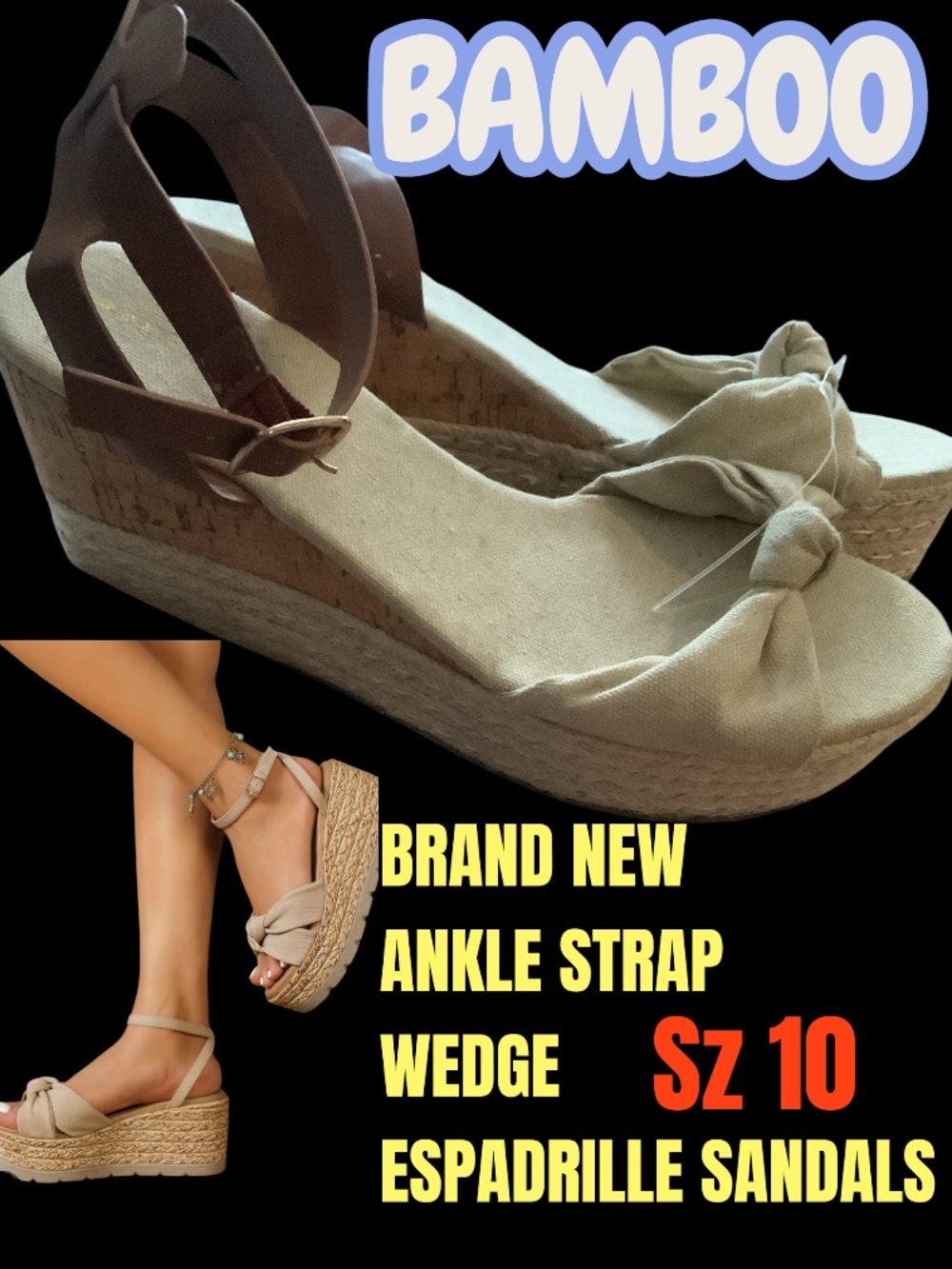 LOWEST🌺 NWT BAMBOO Sz10 Beige Knotted Ankle-Strap Espadrille Wedges